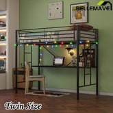 Bellemave® Twin Size Metal Loft Bed with Desk, Power Outlet and LED Lighted , Safety Guard & Ladder - Bellemave